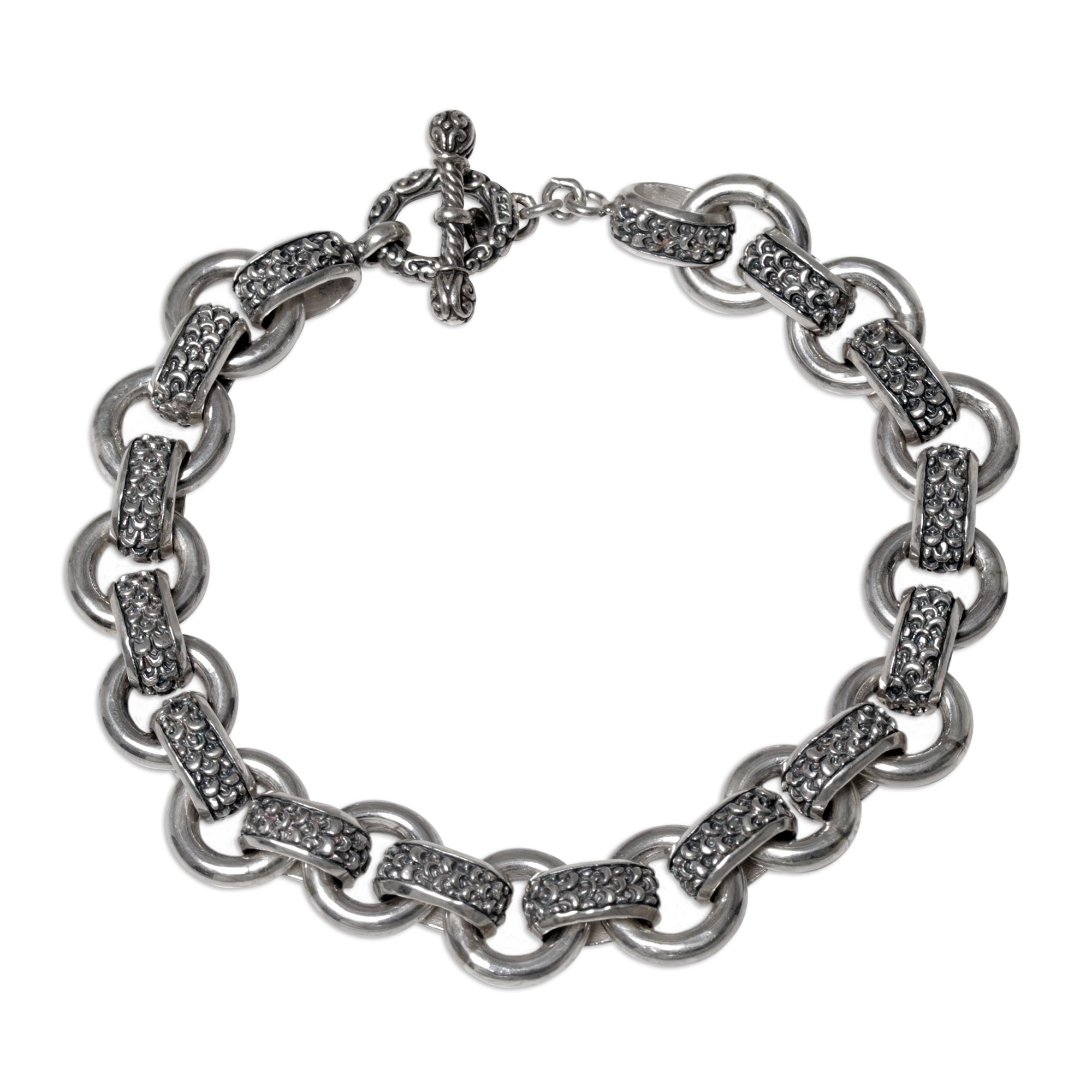 Dragon Legacy,'Men's Silver Textured Link Bracelet from Indonesia