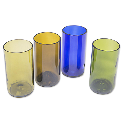 Recycled glass tumblers, 'Refreshing Rainbow' (set of 4) - Four 15-Oz Tumblers Crafted in Bali from Recycled Bottles