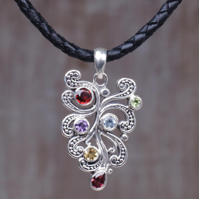 Multi-gemstone pendant necklace, 'Tropical Fern' - Multi Gemstone and Sterling Silver Pendant Necklace