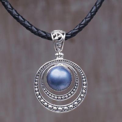Cultured mabe pearl pendant necklace, 'Crescent Gleam in Blue' - Dyed Blue Cultured Pearl Pendant Necklace from Indonesia