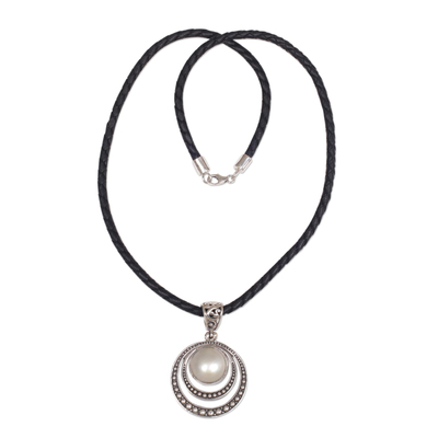 Cultured mabe pearl pendant necklace, 'Crescent Gleam in White' - Cultured Mabe Pearl and Sterling Silver Pendant Necklace