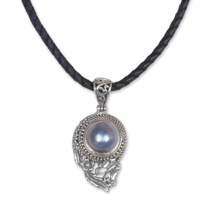 Cultured mabe pearl pendant necklace, 'Butterfly Dew in Blue' - Cultured Blue Mabe Pearl Pendant Necklace from Indonesia