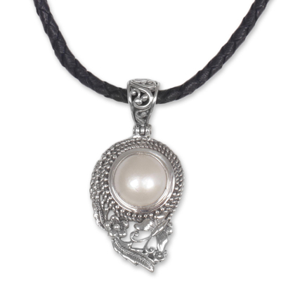 Cultured mabe pearl pendant necklace, 'Butterfly Dew in White' - Handmade Cultured Pearl Pendant Necklace with Leather Cord