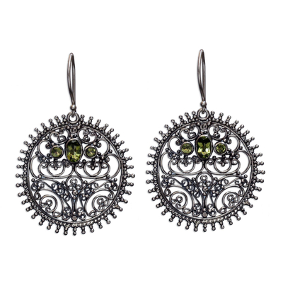 Sterling Silver and Peridot Bali Style Dangle Earrings