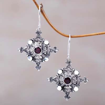 Garnet dangle earrings, 'Burning Red Stars' - Sterling Silver and Garnet Dangle Earrings from Indonesia