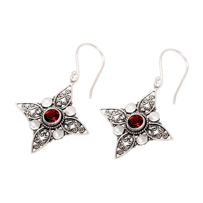 Garnet dangle earrings, 'Four-Pointed Stars' - Sterling Silver Garnet Dangle Earrings from Indonesia