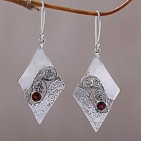 Garnet dangle earrings, 'Fern Kites' - Sterling Silver and Garnet Rhombus Dangle Earrings Indonesia