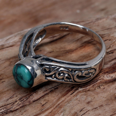 Sterling silver cocktail ring, 'Bali Vines' - Reconstituted Turquoise Single Stone Ring from Indonesia