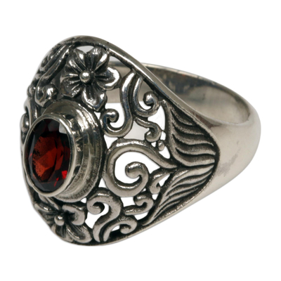 Garnet cocktail ring, 'Bali Sanctuary' - Sterling Silver Garnet Floral Cocktail Ring from Indonesia