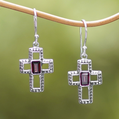 Garnet dangle earrings, 'Faith Everlasting' - Sterling Silver and Garnet Cross Dangle Earrings Indonesia