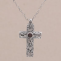 Garnet cross necklace, 'Living Hope' - Garnet and Sterling Silver Cross Necklace on Cable Chain