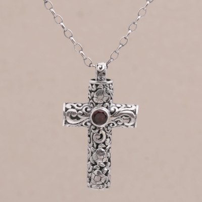 Garnet cross necklace, 'Living Hope' - Garnet and Sterling Silver Cross Necklace on Cable Chain