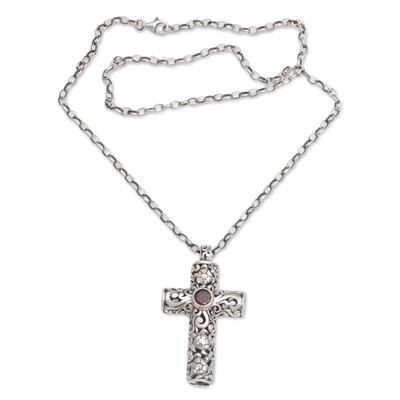 Garnet and Sterling Silver Cross Necklace on Cable Chain - Living Hope ...
