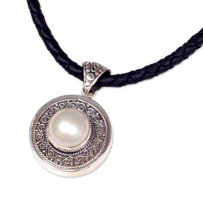 Sterling silver pendant necklace, 'Floral Ring' - Sterling Silver and Leather Cord Pendant Necklace Indonesia