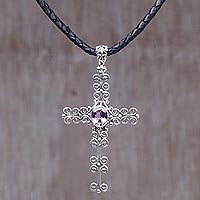 Amethyst cross necklace, 'Shining Faith' - Amethyst and Sterling Silver Cross Pendant on Leather Cord