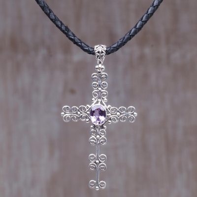 Amethyst cross necklace, 'Shining Faith' - Amethyst and Sterling Silver Cross Pendant on Leather Cord