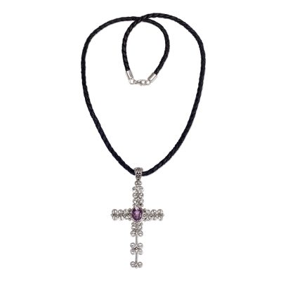 Amethyst cross necklace, 'Shining Faith' - Amethyst and Sterling Silver Cross Pendant on Leather Cord