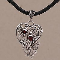 Garnet pendant necklace, 'Butterfly Delight' - Garnet & Sterling Silver Heart Pendant & Leather Necklace
