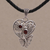 Garnet pendant necklace, 'Butterfly Delight' - Garnet & Sterling Silver Heart Pendant & Leather Necklace (image 2) thumbail