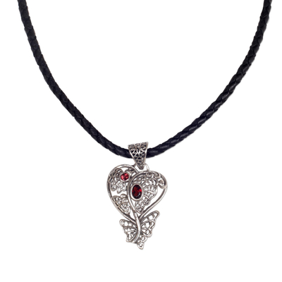 Halskette mit Granat-Anhänger - Granat- und Sterlingsilber-Herzanhänger und Lederhalskette