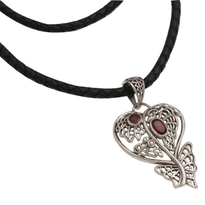 Garnet pendant necklace, 'Butterfly Delight' - Garnet & Sterling Silver Heart Pendant & Leather Necklace