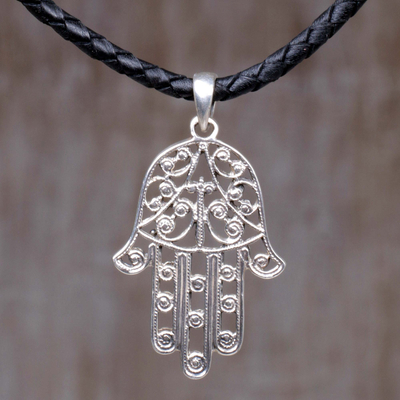 Sterling silver and leather pendant necklace,'Holy Touch' - Sterling Silver Hamsa Pendant on Black Leather Necklace