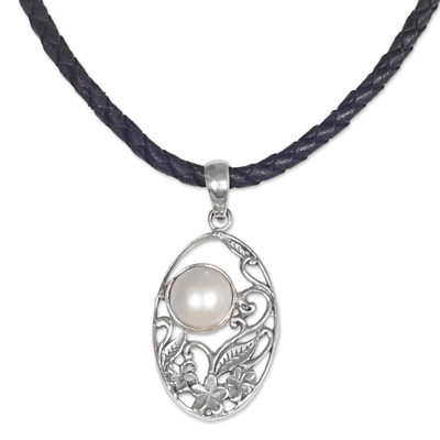 Cultured mabe pearl pendant necklace, 'Eye of the Moon' - Sterling Silver Cultured Pearl Pendant Necklace with Leather
