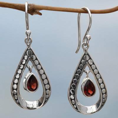 Garnet dangle earrings, 'Charming Tears in Red' - Sterling Silver and Garnet Dangle Earrings from Indonesia