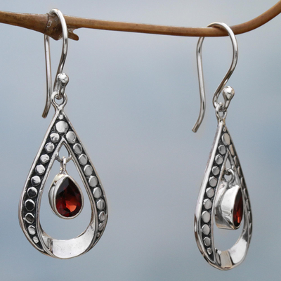 Garnet dangle earrings, 'Charming Tears in Red' - Sterling Silver and Garnet Dangle Earrings from Indonesia