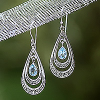 Blue topaz dangle earrings, 'Gleaming Teardrops in Blue' - Blue Topaz Teardrop Dangle Earrings from Indonesia