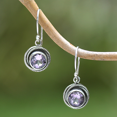 Amethyst dangle earrings, 'Nest of Chains in Purple' - Sterling Silver and Amethyst Round Dangle Earrings Indonesia