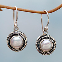 Cultured pearl dangle earrings, 'Nest of Chains in White'