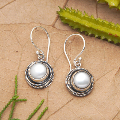 Cultured pearl dangle earrings, 'Nest of Chains in White' - Cultured Pearl Round Dangle Earrings from Indonesia