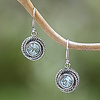 Blue topaz dangle earrings, 'Nest of Chains in Blue' - Round Blue Topaz Dangle Earrings from Indonesia