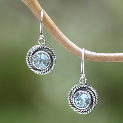 Blue topaz dangle earrings, 'Nest of Chains in Blue' - Round Blue Topaz Dangle Earrings from Indonesia