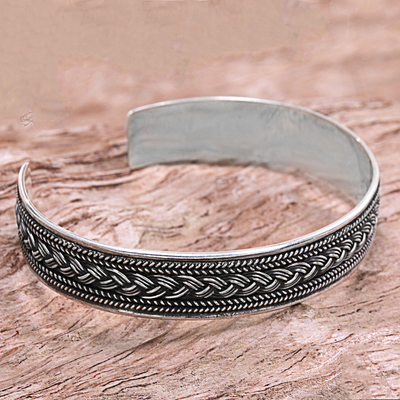 Sterling silver cuff bracelet, 'Romance After Dark' - Handcrafted Balinese Sterling Silver Rope Motif Bracelet