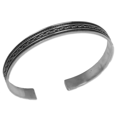 Sterling silver cuff bracelet, 'Mesmerizing Love' - Sterling Silver Cuff Bracelet with Rope Motif from Indonesia