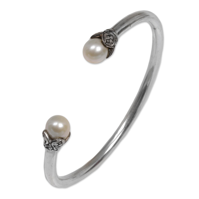 Cultured pearl cuff bracelet, 'Burgeoning Buds' - Indonesian Sterling Silver and Cultured Pearl Cuff Bracelet