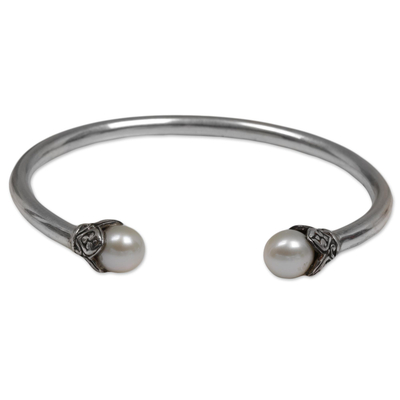 Cultured pearl cuff bracelet, 'Burgeoning Buds' - Indonesian Sterling Silver and Cultured Pearl Cuff Bracelet