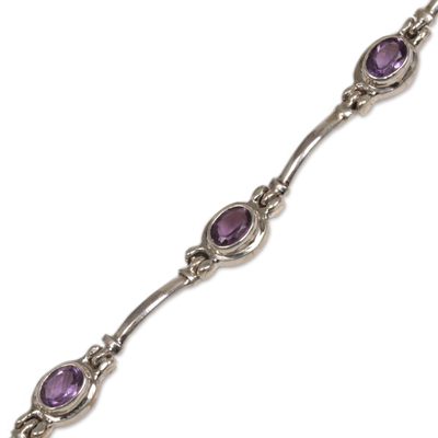 Amethyst link bracelet, 'Old Memories' - Sterling Silver and Amethyst Link Bracelet from Indonesia