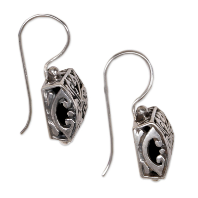Sterling silver dangle earrings, 'Bali Boxes' - Petite Ornate Balinese Dangle Earrings in Sterling Silver