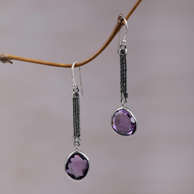 Amethyst dangle earrings, 'Purple Ropes' - Modern Balinese Amethyst and Sterling Silver Dangle Earrings
