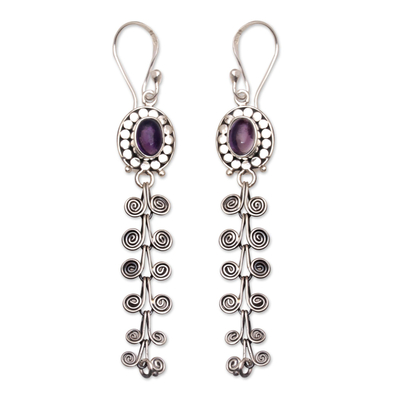 Amethyst dangle earrings, 'Dancing Curves' - Amethyst and Sterling Silver Dangle Earrings from Indonesia