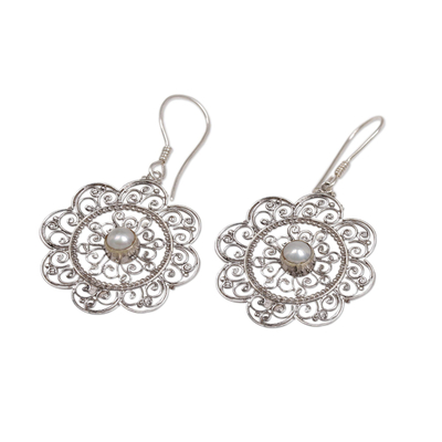Cultured pearl flower dangle earrings, 'Delicate Sunflowers' - Cultured Pearl and Sterling Silver Floral Earrings From Bali