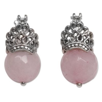 Rose quartz drop earrings, 'Bali Majesty' - Handcrafted Sterling Silver and Rose Quartz Drop Earrings