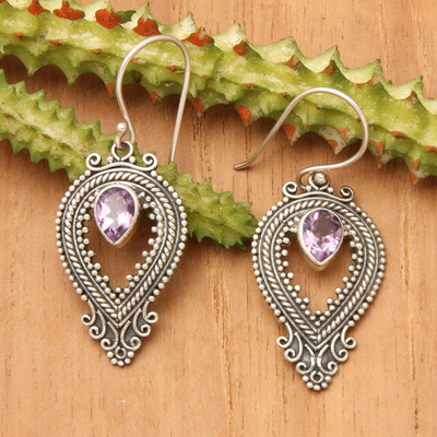 Amethyst dangle earrings, 'Bali Honor in Purple' - Sterling Silver Amethyst Balinese Dangle Earrings Indonesia