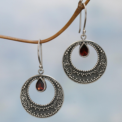 Garnet dangle earrings, 'Red Crescents' - Sterling Silver Garnet Balinese Dangle Earrings Indonesia