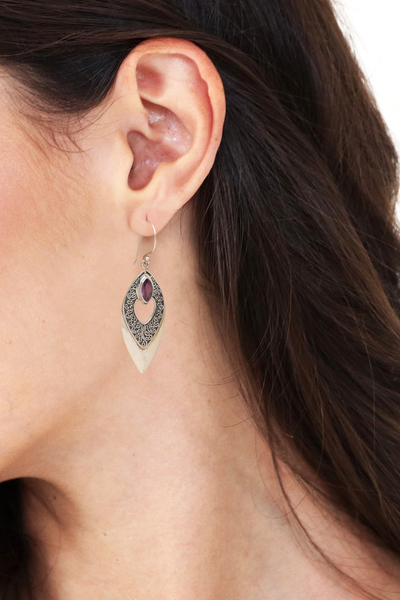 Amethyst dangle earrings, 'Pedanda Blades' - Sterling Silver Amethyst Blade Dangle Earrings Indonesia