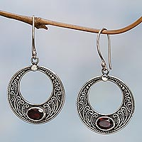 Garnet dangle earrings, 'Balinese Crescents' - Sterling Silver Garnet Crescent Dangle Earrings Indonesia