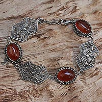 Carnelian link bracelet, 'Blood Moon' - Sterling Silver Carnelian Link Bracelet from Indonesia